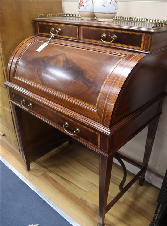 A Maples Edwardian satinwood banded mahogany cylinder bureau W.78cm